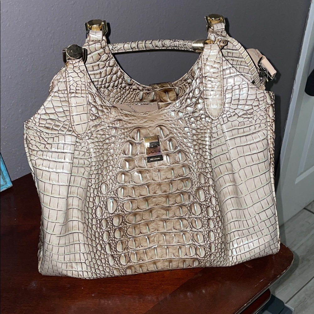 Brahmin Crocodile-Embossed Cream Shoulder Bag